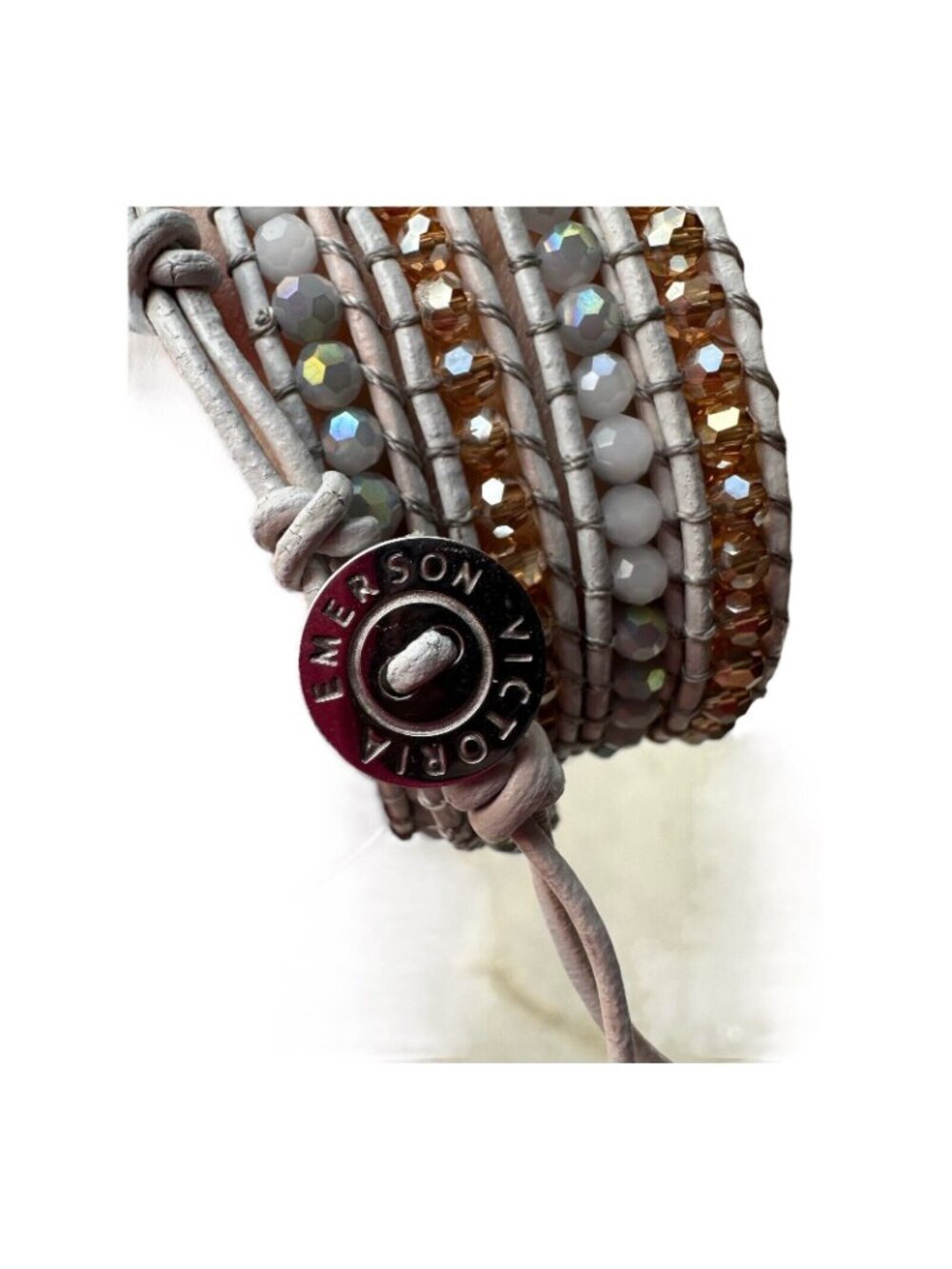 Victoria Emerson Leather Wrap Bracelet Quartz Crystal Beads 36" White Rose Gold - Picture 7 of 16